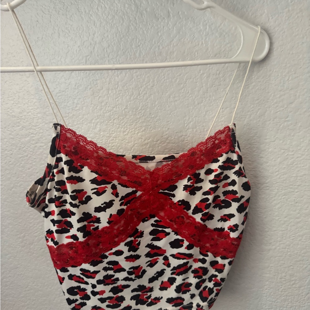 Leopard Print Cami with Red Lace Trim